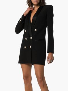 Double-Breasted Black Blazer Dress – Glory Connection Black Blazer Dress, Military Inspired Jacket, Latest Designer Dresses, Designer Evening Gowns, Designer Evening Dresses, Double Breasted Blazer, Formal Dresses Prom, Designer Gowns, Black Blazer