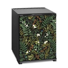 a black and green cabinet with flowers and leaves on it