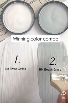 two different shades of white paint being used to create a wall art project with the words winning color combo and bm swiss coffee