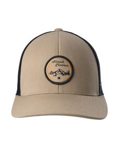 Whether you're a rugged outdoorsman or you prefer to look out the window, our Cottonwood Hat will help you look the part. Khaki in color accented with breathable navy mesh, this adjustable snapback hat features an HD printed patch with a tribute to the mountains. Pair it with a sweatshirt or hoodie for the perfect mountain man look. Rugged Adjustable Baseball Cap For Outdoor, Brown Six-panel Trucker Hat For Outdoor Activities, Breathable Trucker Hat With Curved Brim For Hiking, Six-panel Baseball Cap With Leather Patch For Outdoor, Breathable Snapback Hat For Hiking, Outdoor Six-panel Baseball Cap With Leather Patch, Breathable Flat Bill Trucker Hat For Outdoor, Breathable Snapback Hat With Curved Bill For Outdoor, Trucker Style Snapback Hat For Camping