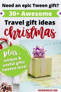 wrapped present on a map. Need an epic tween gift? 30+awesome travel gift ideas for Christmas. Destination Christmas Gift Ideas, Christmas Travel Gift Ideas, Gifts For Teen Artists, Gifts For Family When Traveling, Christmas Gifts For Travel Lovers, Christmas Printable Activities, Toddler Stocking Stuffers, Plane Gifts, Travel Plane