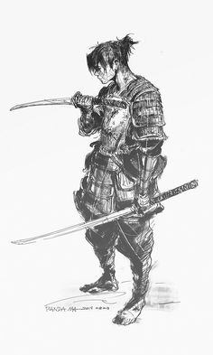 a black and white drawing of a man in armor holding two swords, looking down at the ground