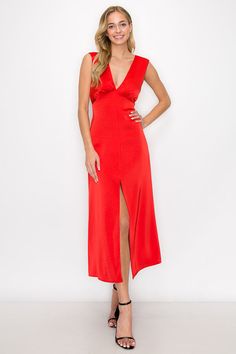 Captivate everyone you meet with this exquisite red sleeveless satin midi dress. Crafted from smooth satin with a stunningly sleek silhouette, this midi dress brings your style to the next level and modern allure. Whether you’re attending a dinner party or an evening function, this dress is the ideal choice for a look of effortless sophistication. Red Sleeveless Satin Midi dress Open back design Chic Red Satin Cocktail Dress, Chic Red Satin Dress For Cocktail, Elegant Red Satin Dress For Cocktail, Elegant Red Satin Cocktail Dress, Red Fitted Satin Midi Dress, Sleeveless Satin Midi Dress With Satin Finish, Sleek Sleeveless Satin Dress For Formal Occasions, Chic Red Satin Dress For Formal Occasions, Sleeveless Satin Dress For Formal Party