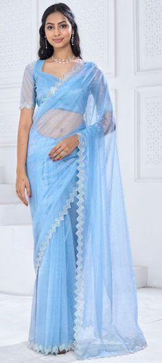 Blue color Saree in Organza Silk fabric with Stone, Swarovski work Blue Organza Unstitched Blouse Piece, Blue Organza Blouse Piece With Cutdana, Blue Organza Blouse Piece For Reception, Festive Blue Organza Blouse Piece, Fitted Blue Organza Traditional Wear, Traditional Blue Organza Blouse Piece, Blue Blouse Piece With Traditional Drape For Reception, Traditional Blue Organza Blouse, Elegant Blue Blouse Piece With Cutdana