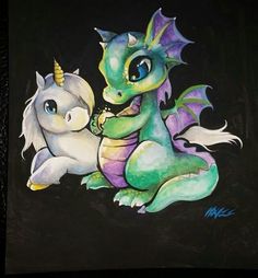 a drawing of a dragon and a unicorn sitting next to each other on a black background