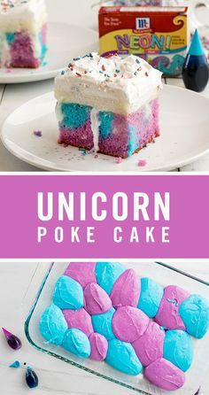 unicorn poke cake on a plate with pink and blue marshmallows next to it