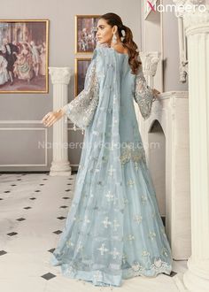 Pakistani Lehenga with Long Kurti Online 2021 Party Wear Gown With Resham Embroidery In Net, Party Wear Gown With Resham Embroidery And Net, Semi-stitched Organza Gown With Long Sleeves, Fitted Net Gown For Eid, Elegant Embellished Net Sharara, Traditional Designer Net Dresses, Long Sleeve Organza Kurta For Reception, Party Wear Gown With Dupatta Made Of Net, Long-sleeved Organza Kurta For Reception