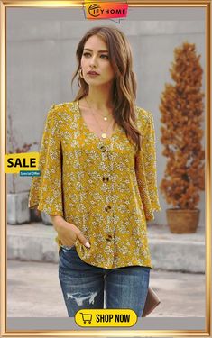 Mustard Sweet Osmanthus Print Button Down Blouse Sweet Osmanthus, Button Down Blouse, Mustard, Button Downs, On Sale, Top Blouse, Yellow, Free Shipping, Women's Top