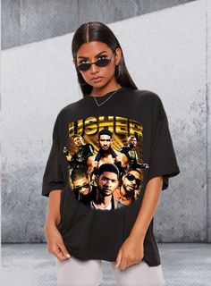 Usher Graphic T Shirt! Material: 100% ring-spun Cotton (fiber content may vary for different colors) .: Light fabric (4.5 oz/yd² (153 g/m .: Eurofit .: Tear-away label .: Runs true to size PLEASE NOTE: Model is wearing XL to get desired oversized look. All shirts fit Euro Style and are true to size. If you want an oversized look it is recommended to order 2 sizes up. Brand: Gildan Adult Unisex Softstyle Colorway: Black, White Style: Direct to Garment! PLEASE MAKE SURE THE ADDRESS, COLOR, & SIZE Usher Concert, Concert Shirts, Euro Style, Retro Color, 90s Vintage, White Style, Light Fabric, Las Vegas