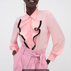 Brand New. Never Worn Company Website, Black Ruffle, Petite Fashion, Pink And Black, Button Up Shirt, Work Outfit, Pink Ladies, Button Up Shirts, Button Up