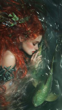 a woman with long red hair and green leaves on her head is in the water