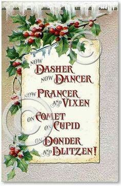 a christmas card with holly and berries on the border, says dasher now dancer prancer vixen quiet cupid don't