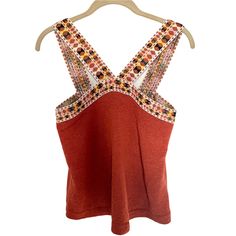 Women’s Tank Top Madewell Embroidered Straps Rust Colored Knit Sweater Material Loose Boxy Fit Size Xs Brand New With Tags Casual Jacquard Knit Sleeveless Top, Summer Jacquard Knit Crew Neck Top, Knit Tops With Floral Embroidery For Fall, Floral Embroidery Knit Tops For Fall, Embroidered Knit Crew Neck Top, Fitted Knit Tops With Floral Embroidery, Casual Jacquard Knit Top, Fitted Floral Embroidery Knit Tops, Summer Embroidered Knit Tops