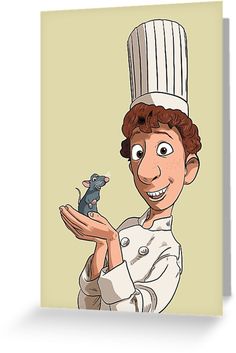 a cartoon character holding a mouse in his hand and wearing a chef's hat