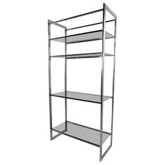 a metal shelf with three shelves on each side, and one shelf below the other