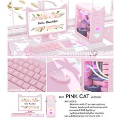 the pink cat desktop computer is set up with accessories