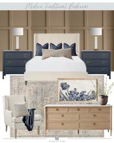 a bedroom with furniture and decor in shades of beige, blue, and greys