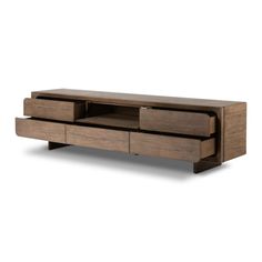 the sideboard is made from wood and has two drawers on each side, with one drawer open