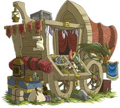 an illustration of a wooden cart with lots of stuff on it and decorations around it