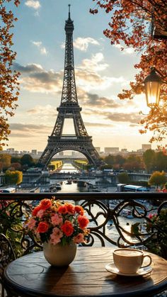 the eiffel tower towering over paris, france is seen from an outdoor cafe