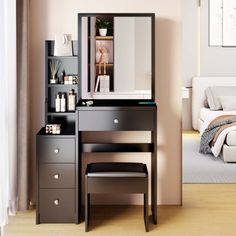 [Designed specifically for small spaces]: This dressing table is designed specifically for small bedrooms. It won't take up too much space, but it can keep all your cosmetics organized. Because it is specifically designed for small spaces, the size cannot be very large. Adults over 5.6 feet tall must carefully choose. Customers who need a larger size dressing table should first check the size to determine if it fits you. [3 colors, brightness adjustable mirror light system]: There is a touch switch on the mirror surface, which can control the mirror lights system. Click on the touch switch you can choose the light color from white light, natural light, and warm light. Long press the touch switch to adjust the brightness of the mirror light. [Includes a padded dressing table stool]: The pac Makeup Furniture, Small Makeup Vanities, Bedroom Vanity Set, Cabinet Vanity, Sliding Mirror, Bedroom Makeup Vanity, Small Vanity, Table For Small Space, Dressing Table Set