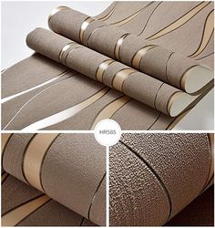 three different views of the fabric with gold lines on it and two pictures showing how to use