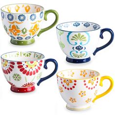 four colorful cups with different designs and colors are shown in the image, including one for each