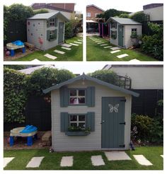 three pictures of a small house with windows and shutters on each side, in the yard