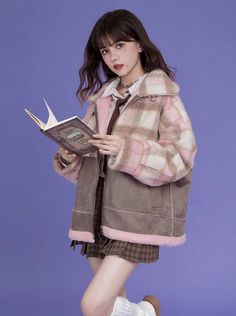 ❤︎Sweet cool pink high collar fur loose wool coat❤︎ Green Plaid, Tweed Jacket, High Collar, Wool Coat, Pink And Green, Length Sleeve, Coats Jackets, Chiffon, Turtle Neck