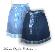 This blue denim skirt was long in its first lifetime. It has been shorten and blue plaid material has been added to give it a more stylish look. This Lee skirt is a women's size 12 petite. It measures 20 inches from the top of the waist to the bottom. It has two front side pockets and two back pockets. It measures 33 inches at the waist and 42 inches at the hips. Blue plaid material has been added to the bottom to give it a more stylish look and a matching belt has been added to give it more style. Denim Skirt Pattern, Diy Denim Skirt, Denim Refashion, Jeans Crafts, Repurposed Denim, Upcycle Clothes Diy, Blue Jeans Crafts, Diy Denim, Denim Projects