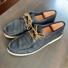 These Classic Boat Mocs From The Legendary Quoddy Were Handmade In Maine And Feature A Nimble, Malleable Design That’s Lighter In Weight And Incredibly Comfortable. The Uppers Are Crafted In Premium Rough-Out Suede Leather That’s Been Hand Waxed For Maximum Water Resistance (And Also Gives Them A Sharp Look). The Process Makes The Leather Extremely Durable Without Sacrificing Suppleness And Adds A Rich Sheen And Color Variances, That Make Each Individual Pair Unique. The Uppers Are Finished With Casual Suede Lace-up Boat Shoes, Leather Cushioned Slip-on Boat Shoes, Blue Slip-on Boat Shoes With Textured Sole, Blue Leather Slip-on Boat Shoes, Men’s Boat Shoes, Classic Boat, Hand Wax, Shoe Horn, Shoe Tree