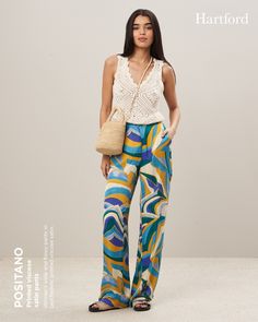 Women's wide and flowy pants "Positano" in psychedelic printed viscose satin. Flowy Pants, Positano, Satin, Wardrobe, Pants, Trousers