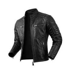 Men's Motorcycle Leather Jacket Streetwear Racing Biker Jacket Cowhide Leather. US Features Light Weight Ideal for All Season. Zip on the cuffs YKK Zippers Polyester lining Inside Internal Pockets Great Choice for Casual & Riding. Brand New With Tags. 100% Money Back Guarantee. Attractive style Jackets.  Cafe Racer Retro Style Leather Jacket. Colors may vary slightly from original due to individual monitor color settings and/or light conditions when photographed. Note: Please check our size chart before placing an order. (Personalized Items are non Refundable). Classic Winter Biker Jacket With Stand Collar, Winter Classic Biker Jacket With Stand Collar, Vintage Winter Biker Jacket With Zipper, Winter Leather Jacket With Pockets For Biker Events, Classic Winter Outerwear For Biker Events, Bikers Jacket, Attractive Style, Cafe Racer Jacket, Racer Jacket