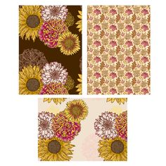 four sunflowers are shown in three different patterns