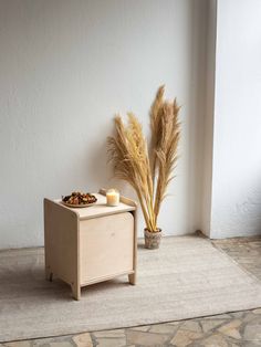 a small table with some food on it next to a potted plant and a candle