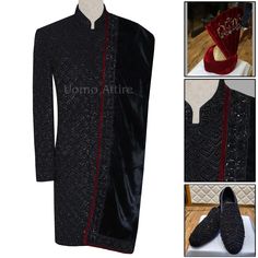 Luxurious Black Embellished Wedding Sherwani for Groom | Black Sherwani Package for Groom Designer Black Embroidered Kurta, Designer Black Sets For Winter, Designer Embroidered Black Kurta, Designer Sherwani With Intricate Embroidery For Winter, Designer Winter Sherwani With Intricate Embroidery, Ceremonial Black Kurta With Dabka, Designer Sherwani For Reception In Winter, Designer Black Kurta With Resham Embroidery, Designer Black Kurta With Intricate Embroidery