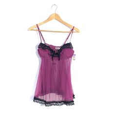 New With Tag Purple Sleepwear With Built-in Bra For Night, Fitted Purple Coquette Sleepwear, Purple Camisole Loungewear, Purple Lace Trim Party Sleepwear, Fitted Sheer Purple Sleepwear, Purple Coquette Sleepwear, Purple Sheer Sleepwear For Night, Sheer Purple Sleepwear, Coquette Purple Sleeveless Sleepwear