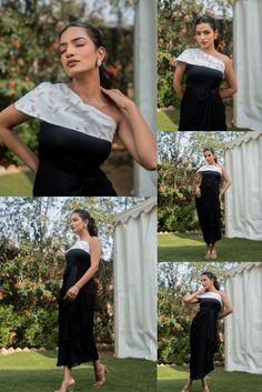 This beautiful knee-length dress is designed with elegance in mind. It features a striking one-shoulder style, adding a touch of sophistication to any occasion. Made from a luxurious blend of Georgette and Satin fabrics, it offers a soft and flowing texture that drapes gracefully over the body. The contrasting black and white color scheme adds a timeless appeal, perfect for both formal events and casual gatherings. Elegant Sleeveless Asymmetrical Dress For Wedding Guest, Fitted Sleeveless Asymmetrical Dress For Wedding, Fitted One Shoulder Sleeveless Dress For Wedding Guest, Sleeveless One Shoulder Dress For Wedding Guest, Sleeveless Asymmetrical Summer Wedding Dress, Sleeveless Asymmetrical Wedding Dress, Sleeveless Asymmetrical Summer Evening Dress, Sleeveless Asymmetrical Dress For Wedding Guest, Long Dress Satin