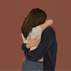 two people hugging each other in front of a brown background