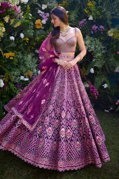 Buy Purple Raw Silk Embroidered Gota And Thread Blouse Lehenga Set For Women by Shyam Narayan Prasad Online at Aza Fashions. Pink Purple Lehenga, Purple And Pink Lehenga, Traditional Silk Lehenga Designs, Purple Wedding Lehenga, Brothers Wedding, Kurta Lehenga, Blouse Lehenga, Lehenga Crop Top