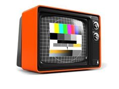 an old television with color bars on it's screen and the tv is orange