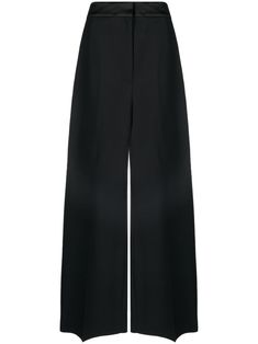 black high waist pressed crease palazzo design hook and zip fly fastening straight hem Chic Black Wide Leg Pants With Pressed Crease, Formal Wide Leg Bottoms With Concealed Front Fastening, Wide Leg Pants With Concealed Front For Work, Evening High-waisted Wide Leg Pants With Pressed Crease, Black Wide Leg Culottes For Formal Occasion, Chic Wide Leg Bottoms With Concealed Fastening, Evening Wide Leg Pants With Pressed Crease, Black Wide Leg Pants With Pressed Crease, Black Straight Culottes For Formal Occasions