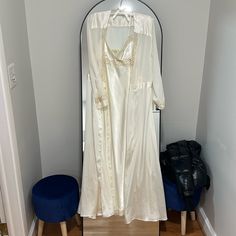 Slip Dress- Size Medium Robe- Size Small Both Could Fit Size Small-Medium New Without Tag - Never Worn Fitted White V-neck Robe, Fitted Cream Nightgown For Wedding, Sheer Satin Dress For Daywear, Fitted Sheer White Robe, Feminine White Nightgown For Evening, White Sheer Satin Dresses, Feminine White Evening Nightgown, Fitted Wedding Robe With Open Front, Fitted Open Front Wedding Robe