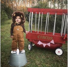 a toddler in a lion costume standing next to a wagon