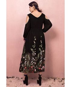 Buy Custom Black Tea Length Modest Party Dress Vneck with Colorful Flowers Embroidery High Quality at wholesale price online. Free shipping and pro custom service since 2009. V-neck Dress With Multicolor Floral Embroidery, Spring V-neck Dress With Multicolor Embroidery, Long Sleeve Dresses With Multicolor Embroidery For Party, Multicolor V-neck Embroidered Dress With Floral Details, Multicolor V-neck Dress With Floral Embroidery, V-neck Embroidered Floral Dress For Party, Spring Party Dress With Embroidered Sleeves, V-neck Embroidered Dress For Party, Embroidered V-neck Party Dress