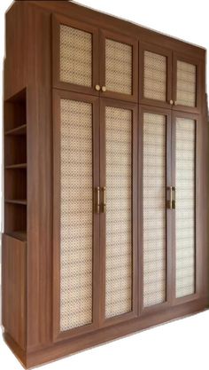 a wooden cabinet with glass doors and shelves on the front, against a white background