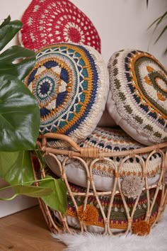 three decorative pillows sitting on top of a basket next to a potted plant