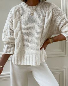 Splendid x Cellajaneblog Cashblend Cable Knit Sweater | Splendid Shoulder Cable, White Cable Knit Sweater, Sweater Layering, Cable Knit Jumper, Favorite Daughter, Cozy Chic, Cardigan Sweaters For Women, Chunky Knits Sweater, Chunky Sweater