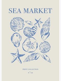 the sea market print collection is shown in blue ink on a white background with starfish and