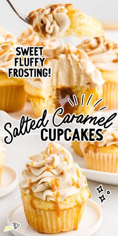 a close up of a cupcake on a plate with a fork in it and the words sweet frosting softened caramel cupcakes